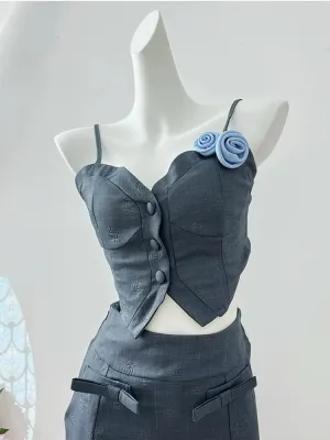 Girlary Summer Women Korean 2000s Cute Core Old Money Outfits 2 Piece Set Vintage Sleeveless Patchwork Crop Tops   Mini Culottes Skirt