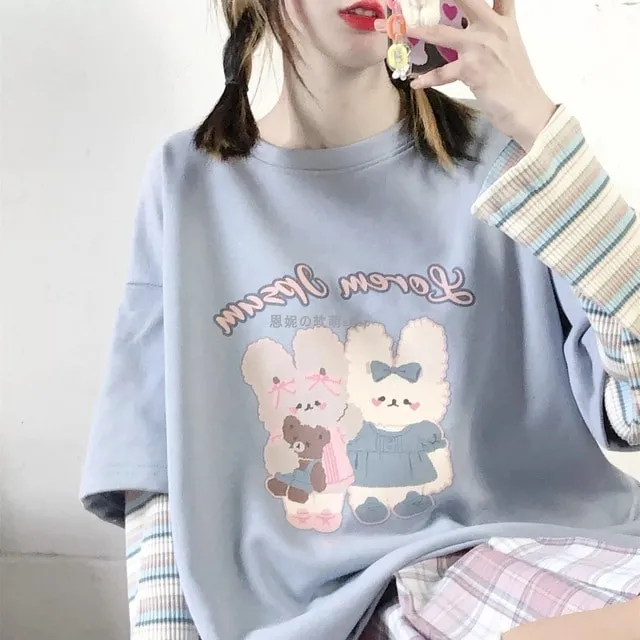 Harajuku Cartoon Rabbit Print Long Sleeve T-Shirt