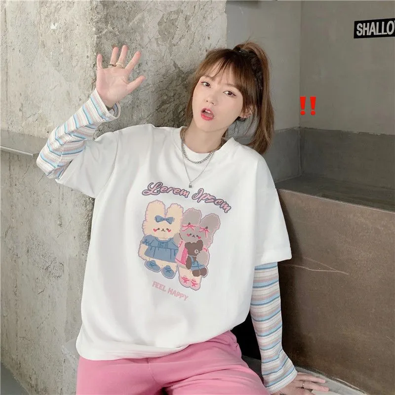 Harajuku Cartoon Rabbit Print Long Sleeve T-Shirt