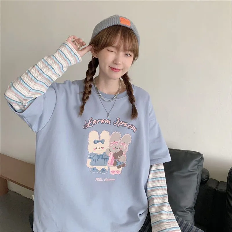 Harajuku Cartoon Rabbit Print Long Sleeve T-Shirt
