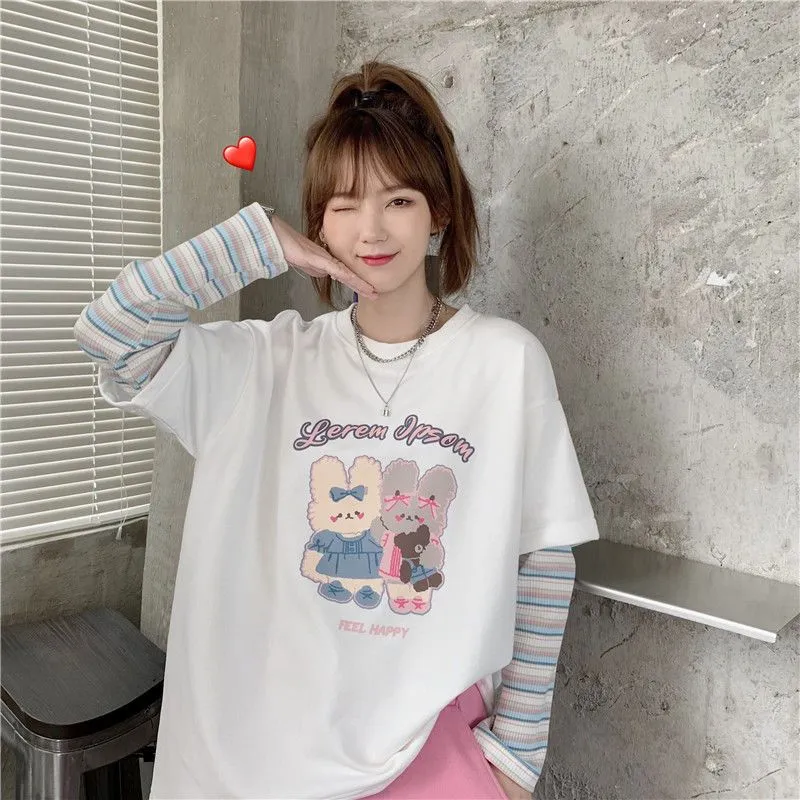Harajuku Cartoon Rabbit Print Long Sleeve T-Shirt