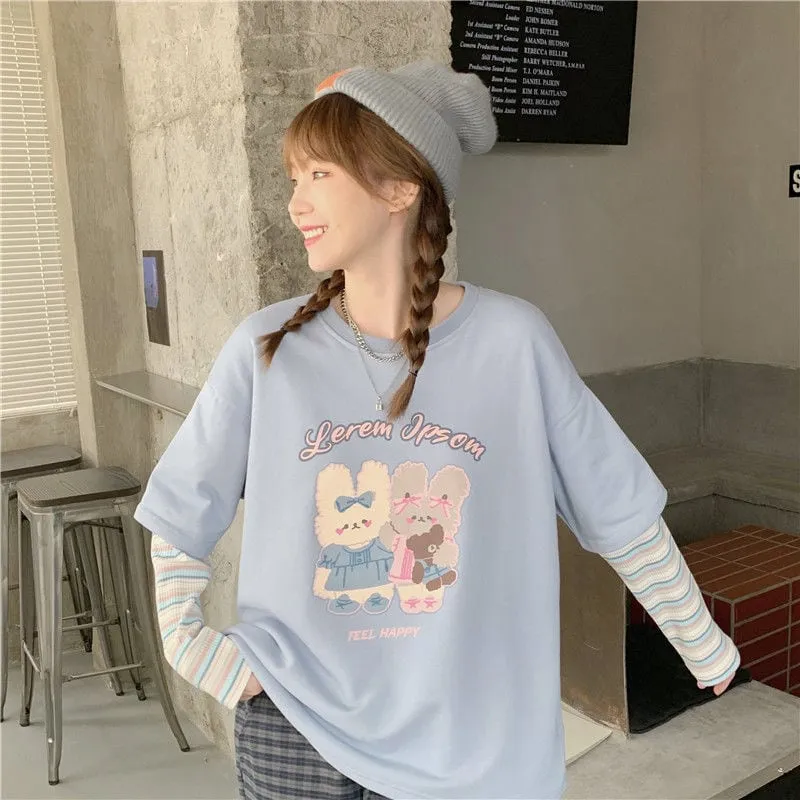 Harajuku Cartoon Rabbit Print Long Sleeve T-Shirt
