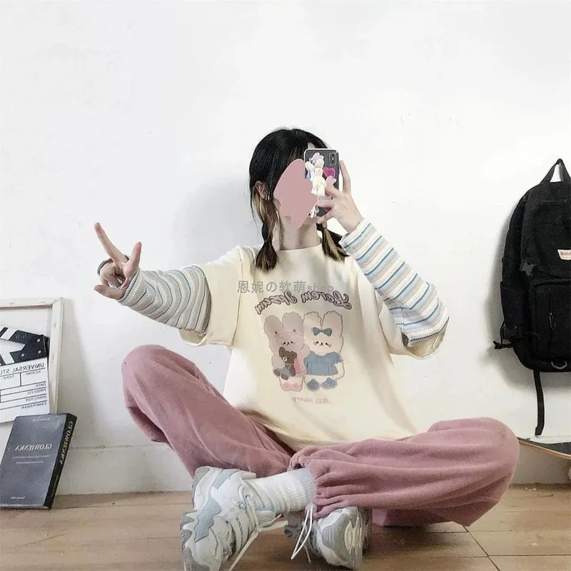 Harajuku Cartoon Rabbit Print Long Sleeve T-Shirt