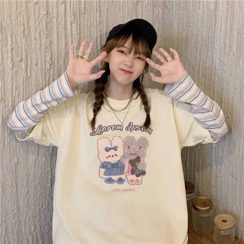 Harajuku Cartoon Rabbit Print Long Sleeve T-Shirt