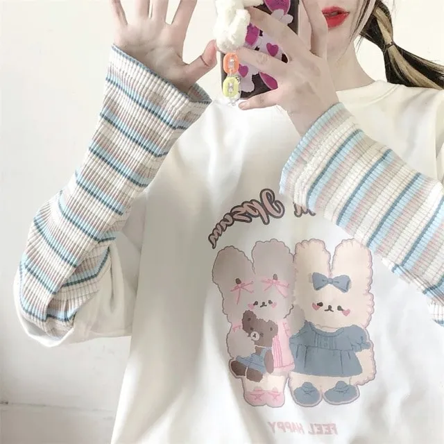 Harajuku Cartoon Rabbit Print Long Sleeve T-Shirt