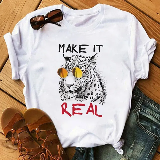 Leopard Heartbeat Print Tshirts Women Clothes Short Sleeve Shirt Ladies Harajuku Womens T Shirt Oversize T-Shirt Female Tops Tee