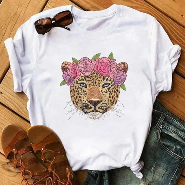 Leopard Heartbeat Print Tshirts Women Clothes Short Sleeve Shirt Ladies Harajuku Womens T Shirt Oversize T-Shirt Female Tops Tee