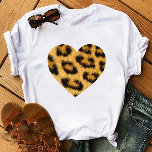 Leopard Heartbeat Print Tshirts Women Clothes Short Sleeve Shirt Ladies Harajuku Womens T Shirt Oversize T-Shirt Female Tops Tee