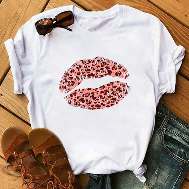 Leopard Heartbeat Print Tshirts Women Clothes Short Sleeve Shirt Ladies Harajuku Womens T Shirt Oversize T-Shirt Female Tops Tee