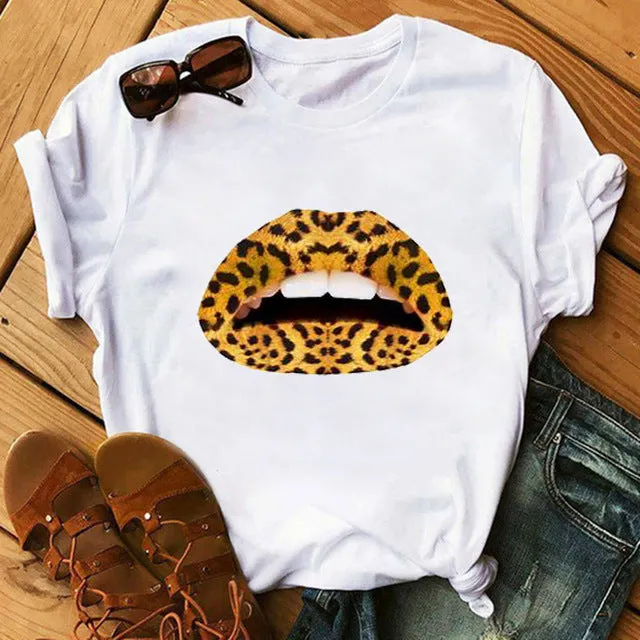 Leopard Heartbeat Print Tshirts Women Clothes Short Sleeve Shirt Ladies Harajuku Womens T Shirt Oversize T-Shirt Female Tops Tee