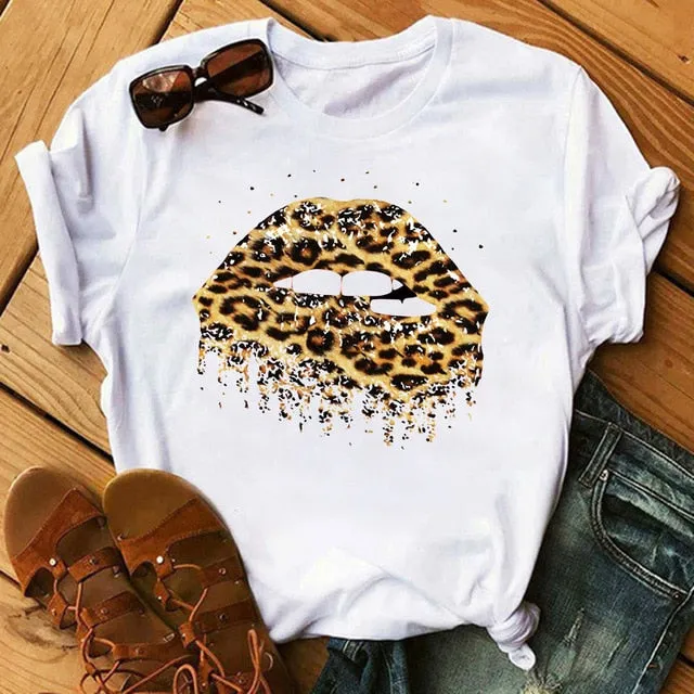 Leopard Heartbeat Print Tshirts Women Clothes Short Sleeve Shirt Ladies Harajuku Womens T Shirt Oversize T-Shirt Female Tops Tee