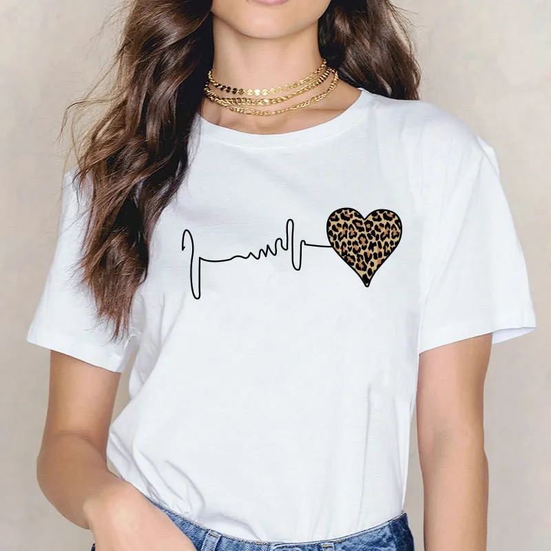 Leopard Heartbeat Print Tshirts Women Clothes Short Sleeve Shirt Ladies Harajuku Womens T Shirt Oversize T-Shirt Female Tops Tee