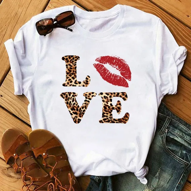 Leopard Heartbeat Print Tshirts Women Clothes Short Sleeve Shirt Ladies Harajuku Womens T Shirt Oversize T-Shirt Female Tops Tee