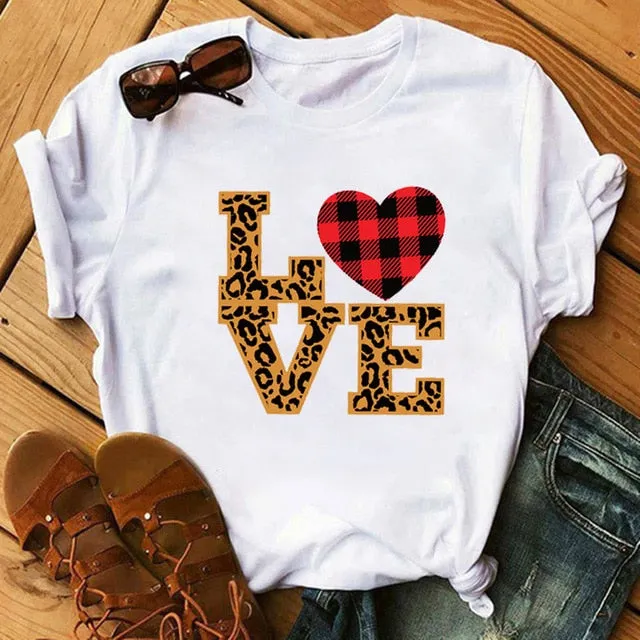 Leopard Heartbeat Print Tshirts Women Clothes Short Sleeve Shirt Ladies Harajuku Womens T Shirt Oversize T-Shirt Female Tops Tee