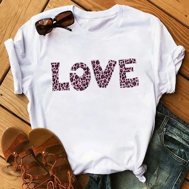 Leopard Heartbeat Print Tshirts Women Clothes Short Sleeve Shirt Ladies Harajuku Womens T Shirt Oversize T-Shirt Female Tops Tee
