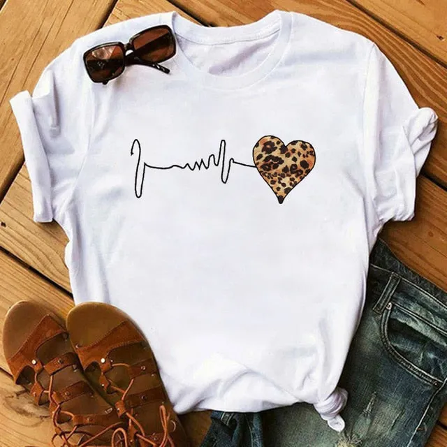 Leopard Heartbeat Print Tshirts Women Clothes Short Sleeve Shirt Ladies Harajuku Womens T Shirt Oversize T-Shirt Female Tops Tee