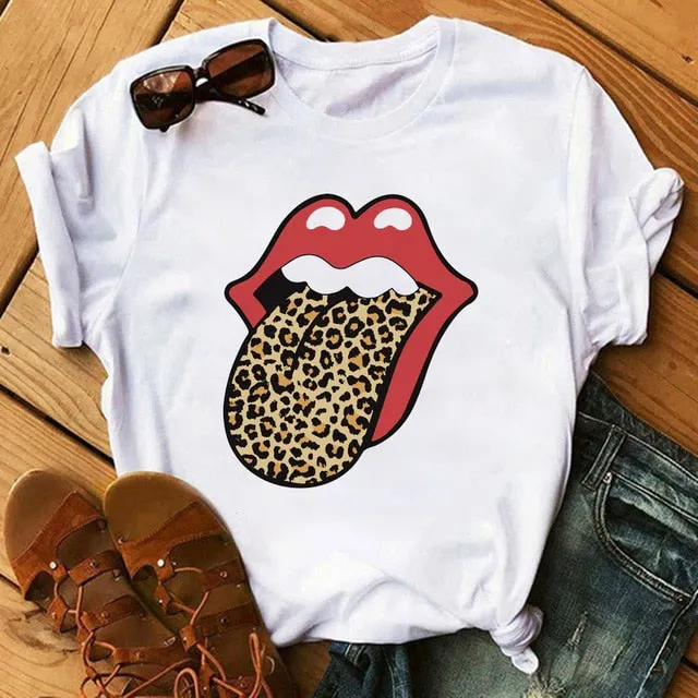 Leopard Heartbeat Print Tshirts Women Clothes Short Sleeve Shirt Ladies Harajuku Womens T Shirt Oversize T-Shirt Female Tops Tee