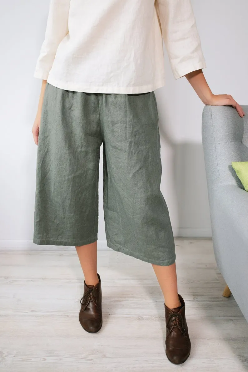 Linen Cropped Pants TORI in Midi Length